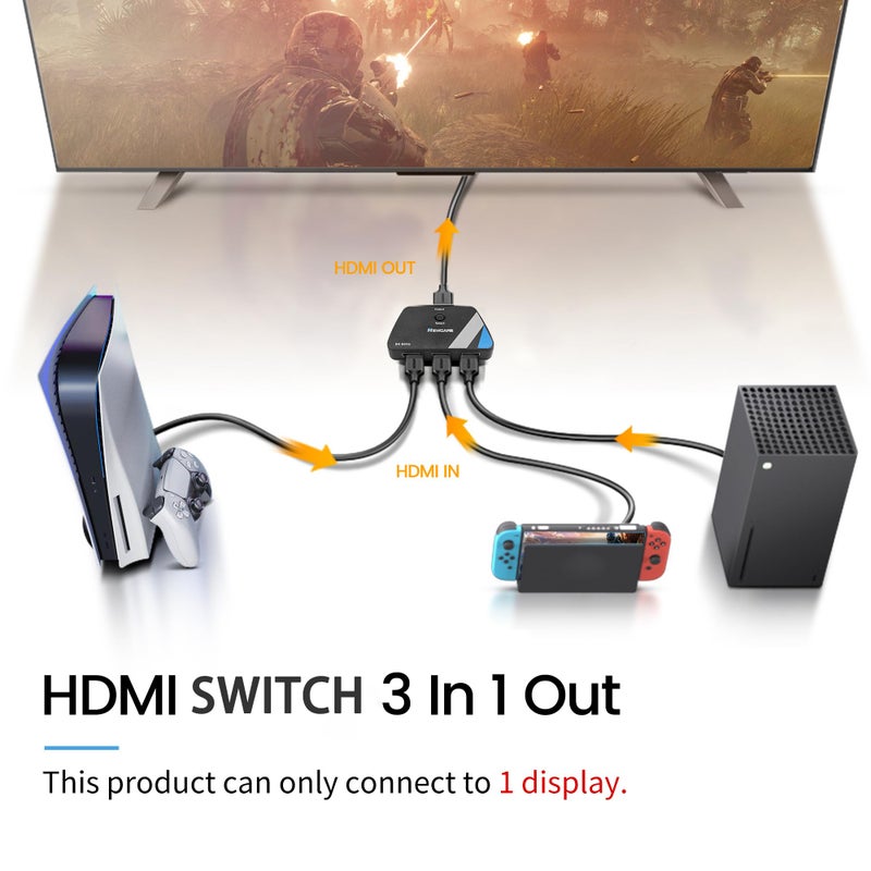 Newcare [Upgrade] HDMI Switch 3 in 1 Out, 4K@60Hz HDMI 2.0 Switch Splitter with 2.6FT Long HDMI Cable, 3-Port HDMI Switcher Selector, Supports 4K 30Hz 3D 1080P HDCP2.2 for PS5 Xbox DVD Player Fire Stick PC - Image 2